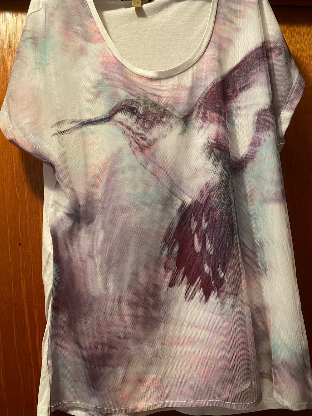 Bandolera Women's White Tee Screen with Pastel Hummingbird Print